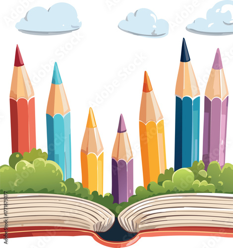 Pencils Traveling Through a Landscape of Open Books, Creative Education Concept Illustration
