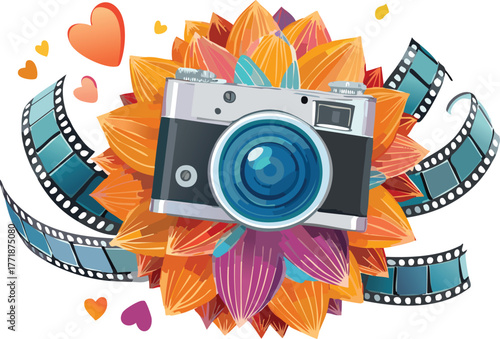 Vintage Film Camera Blooming Like a Flower with Petals Made of Film Strips