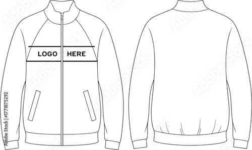 Track jacket front and back technical flat sketch with zipper and pocket design for sportswear fashion, cad drawing flat vector illustration