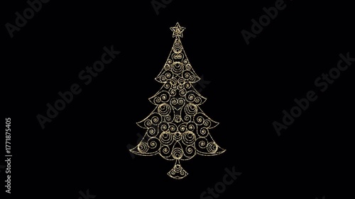 Golden shimmering Christmas tree on transparent background. Animation of a Christmas tree for the holiday with the alpha channel.