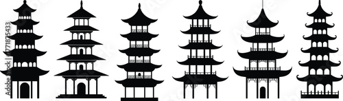 Traditional Asian pagoda silhouette collection, multi-tiered temple architecture vector set, ancient oriental landmark illustration, Chinese and Japanese cultural building design elements