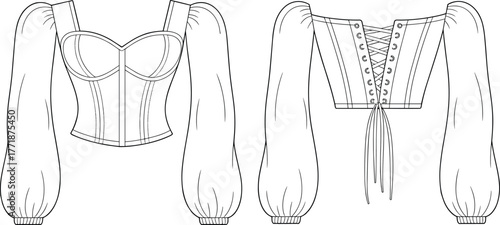 Trendy women corset top fashion flat sketch front and back view, puff sleeve lace up design, CAD vector illustrationv