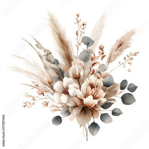 Elegant watercolor boho floral bouquet leaves isolated on transparent background