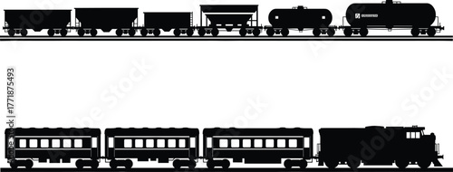 Train silhouette vector illustration with freight wagons and passenger carriages on rail tracks, black and white locomotive transportation design, industrial railway artwork
