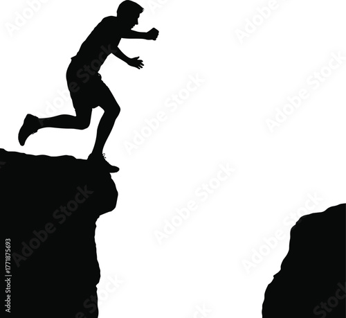 Silhouette of man jumping across cliff gap, risk and challenge concept, leap of faith, overcoming obstacles, success, motivation, adventure, determination