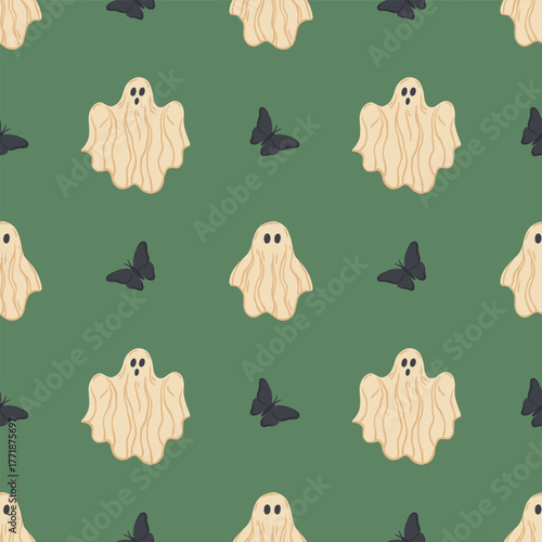 Seamless vector pattern with cute Halloween ghosts and black butterflies on a green background. Spooky, mystical holiday design for fabric, wrapping paper, and fall decor.