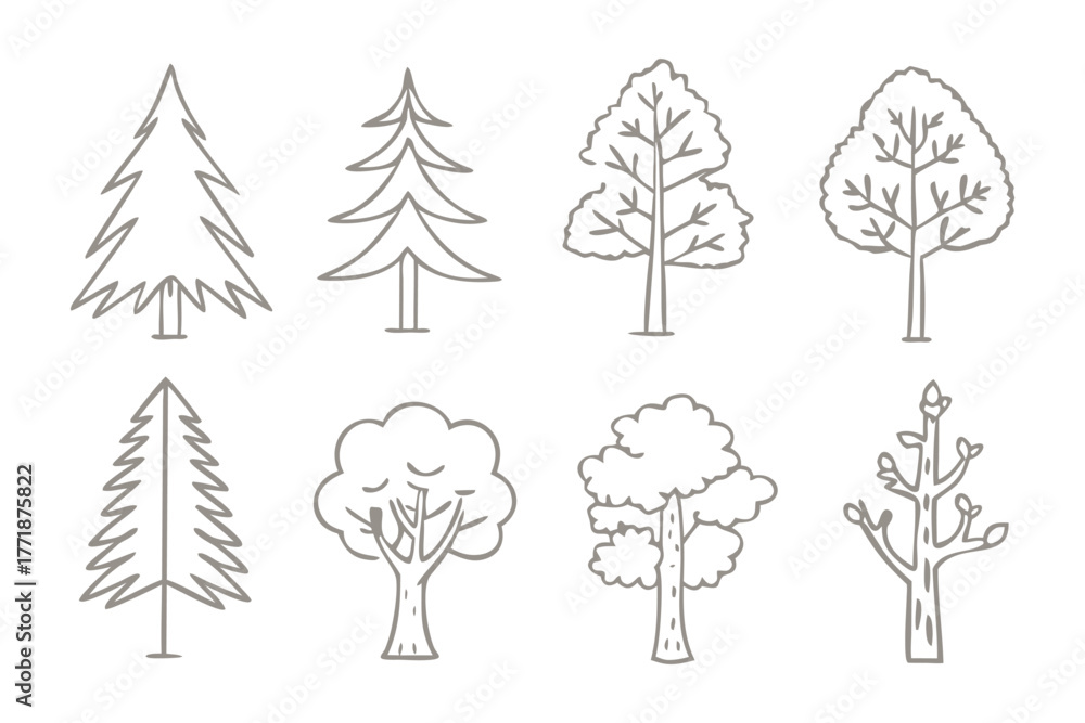 Fototapeta premium Diverse Tree Lineup: A curated assembly of different tree illustrations offers a minimalist study of botanical diversity.