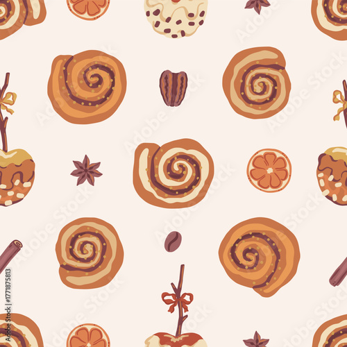 Delicious vector seamless pattern with cinnamon rolls, caramel apples, and spices. Sweet autumn and holiday baking background. Cozy fall, dessert, and cafe-themed design. Perfect for bakeries.
