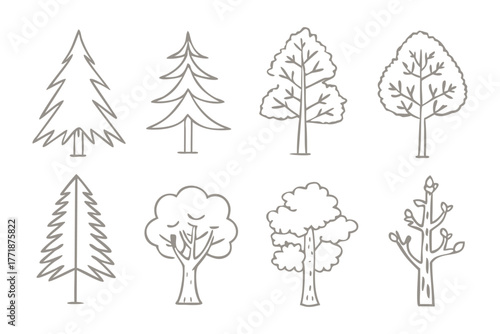 Diverse Tree Lineup: A curated assembly of different tree illustrations offers a minimalist study of botanical diversity.