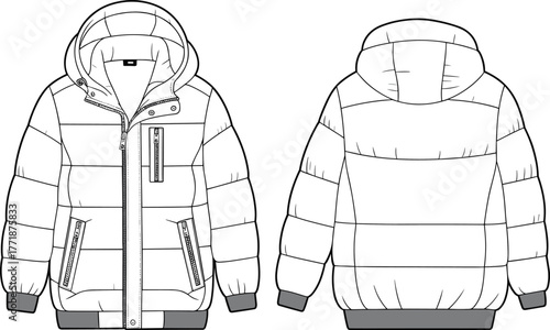 Winter padded puffer jacket flat sketch front and back view with hood, zipper pockets design, cad drawing flat vector illustration