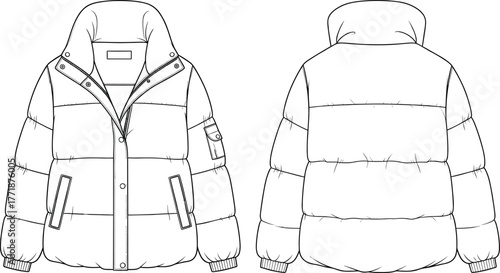 Winter puffer jacket technical flat sketch front and back view, fashion design CAD drawing, outerwear apparel vector illustration template