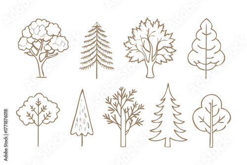 Varied Tree Illustrations: A collection of various tree illustrations, each showcasing unique characteristics, symbolizing the diversity and beauty of nature's arboreal wonders.