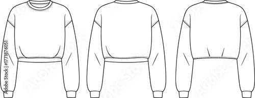 Women cropped sweatshirt fashion flat sketch with long sleeves front and back technical drawing, minimal casual apparel design vector illustration