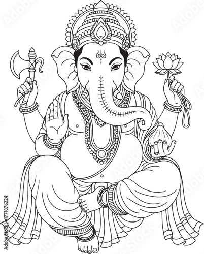 Lord Ganesha Line Art – Hindu God Ganpati Coloring Page, Black and White Outline Drawing, 