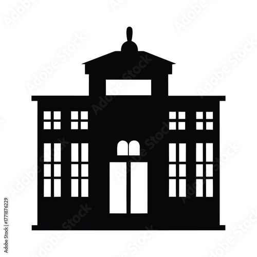 Silhouette building vector illustration of architectural structure with windows and door design element