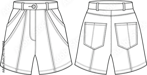 Women high waist shorts fashion flat sketch front and back view, casual summer bottom clothing, technical CAD vector illustration design