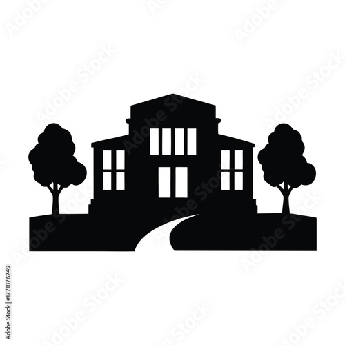 Silhouette of a grand estate home with trees vector illustration for real estate and architecture design