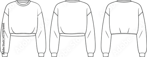 Women's cropped sweatshirt flat sketch front and back view, casual long sleeve pullover design, CAD drawing fashion vector illustration