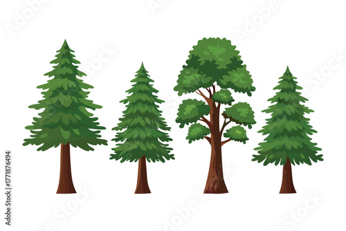 Variety of Trees: Various stylized trees, showcasing the diversity of nature with green leaves and brown trunks.