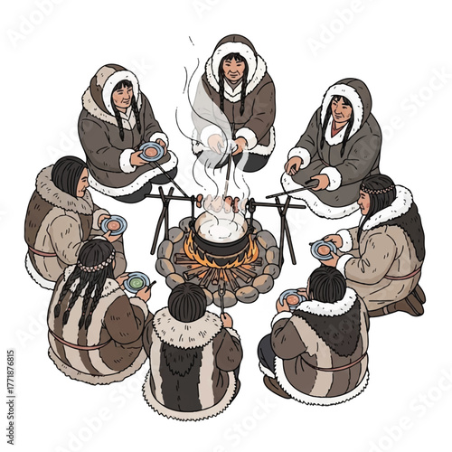 Members of an indigenous tribe dressed in fur coats cook food over an outdoor fire.