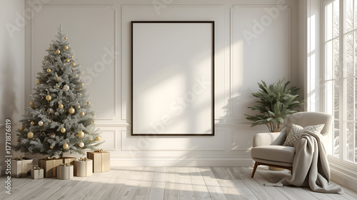 Luxury Christmas Interior Decor Mockup | Elegant Modern Living Room with Tree & Frame (4x3 Ratio)