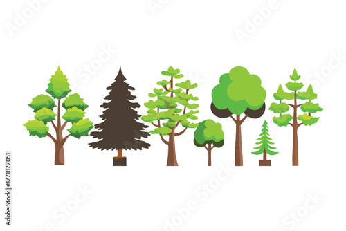 Diverse Tree Types Displayed: A curated selection of diverse trees, each uniquely shaped and sized, stands in harmony. This image brings a fresh view of nature's beauty