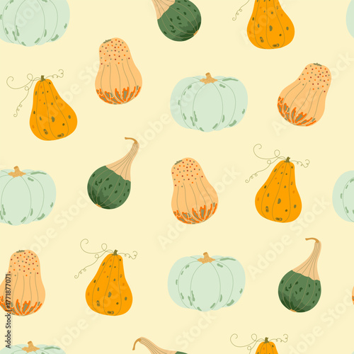 Pumpkin vegetables seamless pattern flat style hand drawn repeat festive ornament for autumn holidays Thanksgiving, Halloween celebration design, cottagecore print for fabric, wall decor or gift paper