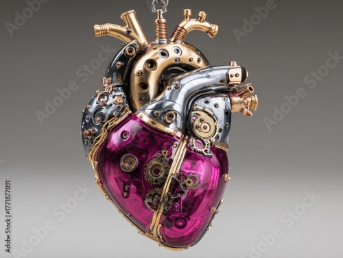 Intricate Metallic Steampunk Heart Sculpture Detailed Robotic Organ with Gears and Transparent Pink Section Against Muted Gray Background Complex Mechanical Art Piece