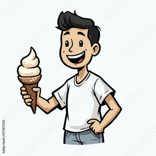 Happy cartoon boy with dark hair holding ice cream cone, hand-drawn style on white background, concept of summer treat and childhood joy