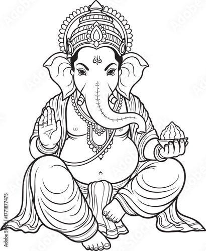 Lord Ganesha Line Art – Hindu God Ganpati Coloring Page, Black and White Outline Drawing
