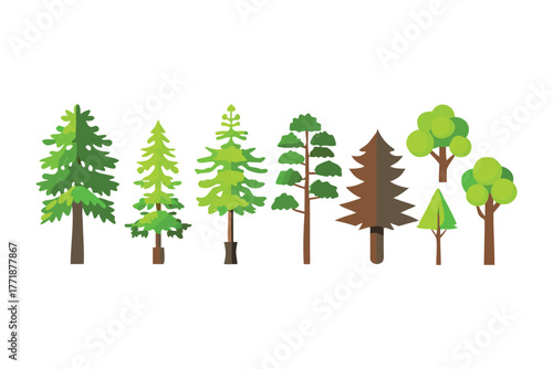 Vibrant Forest Elements: A collection of various trees with lush green and brown hues, symbolizing life, growth, and the beauty of nature.