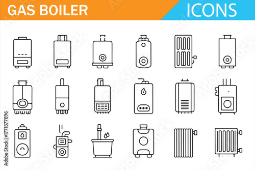 Radiator and Heating Technology Vector Icons – Boiler and Hot Water System