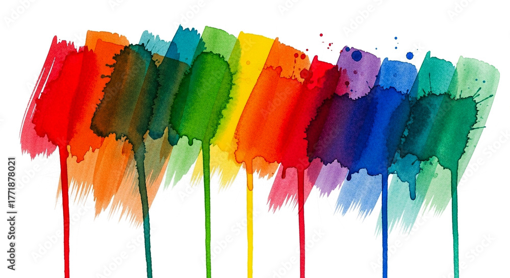 Naklejka premium Png stroke brush abstract watercolor painting featuring a vibrant spectrum of colors with dripping paint effects