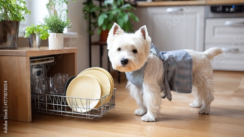 Cute dog helps with dishes in a cozy kitchen while the sun shines through the window on a lovely afternoon