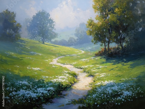 Impressionist Meadow Stream Painting Winding Watercourse Green Hills Trees Artistic Landscape