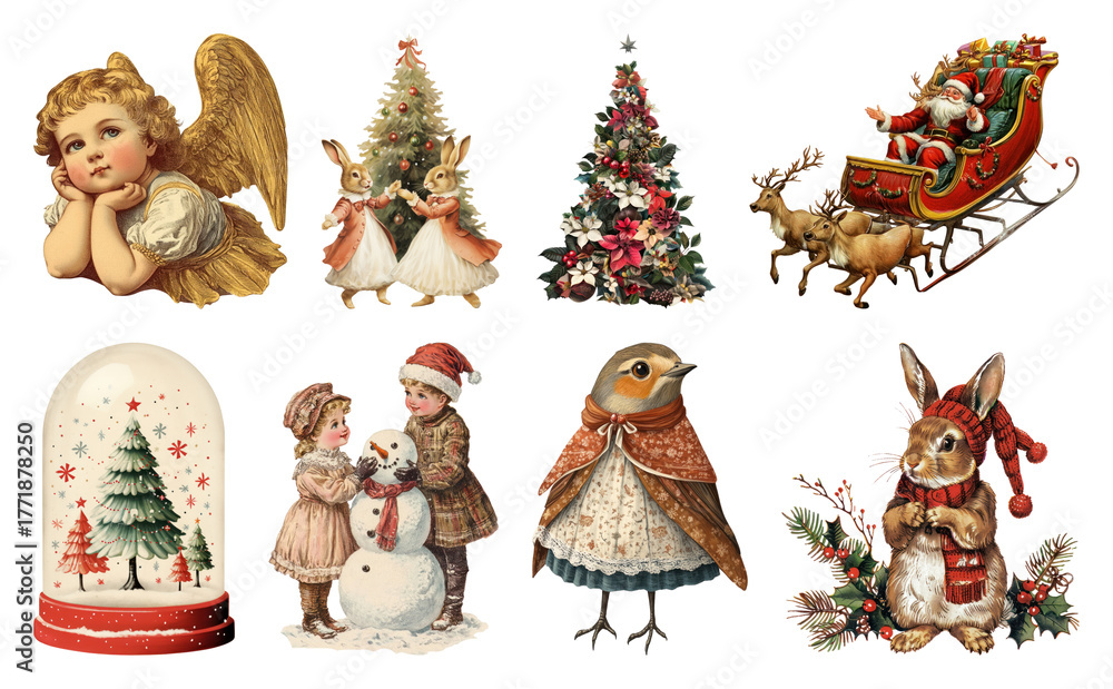 Fototapeta premium PNG Vintage Christmas holiday illustrations collection, element set on transparent background