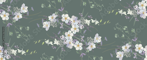 Flowers and leaves in vintage style, seamless pattern.