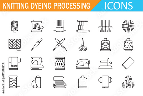 Knitting Factory Equipment Icons – Dyeing Machine, Yarn, and Needle Tools
