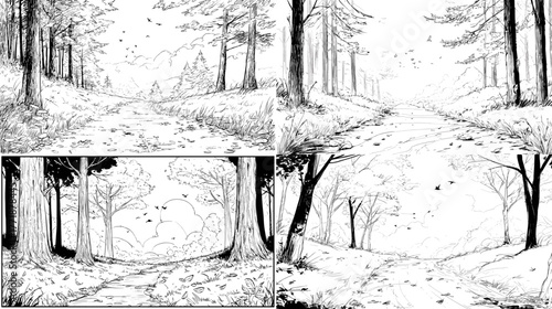 Hand-drawn black and white forest path illustration with tall trees and fallen leaves. Minimal ink landscape sketch showing natural woodland scene and tranquil atmosphere.