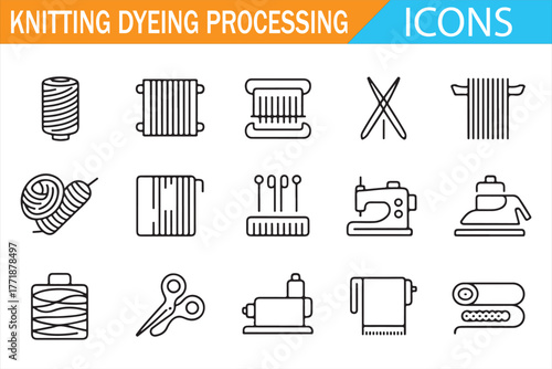 Fabric Manufacturing Line Icons – Thread, Needle, Yarn, and Machine Concepts