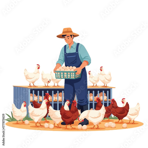 Man surrounded by hens collects fresh eggs from the nesting boxes