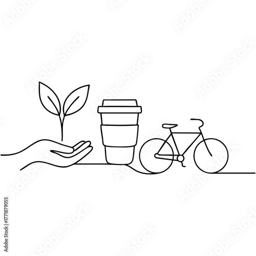 Linear illustration of ecology — a hand with a sprout, an eco-glass and a bicycle