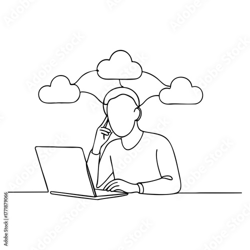 Linear illustration of cloud thinking — a man at a laptop, ideas, creativity