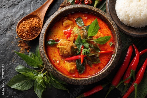 Red thai chicken curry with rice and chili