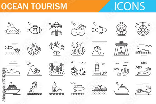 Marine Adventure Icons – Ocean Exploration, Submarine, and Vacation Travel
