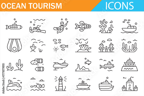 Marine Vacation Icon Pack – Cruise Ship, Coral, and Underwater Illustration