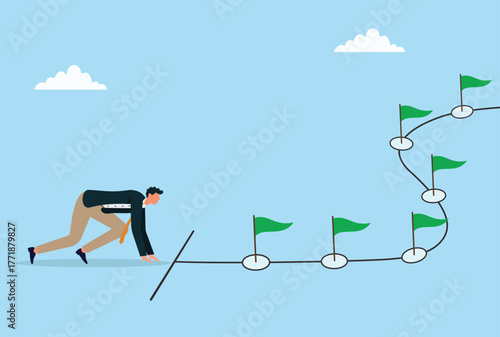 Vector illustration of a businessman starting his journey toward success, following a path marked with milestone flags, symbolizing goal setting, progress, and achievement