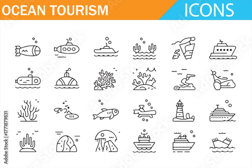 Travel and Tourism Vector Icons – Ocean, Diving, and Nautical Adventure Themes