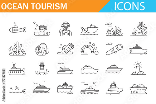 Ocean Tourism Vector Icon Set – Underwater Adventure and Marine Travel Concepts