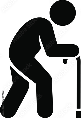 Elderly person icon, minimal black vector of senior with walking stick